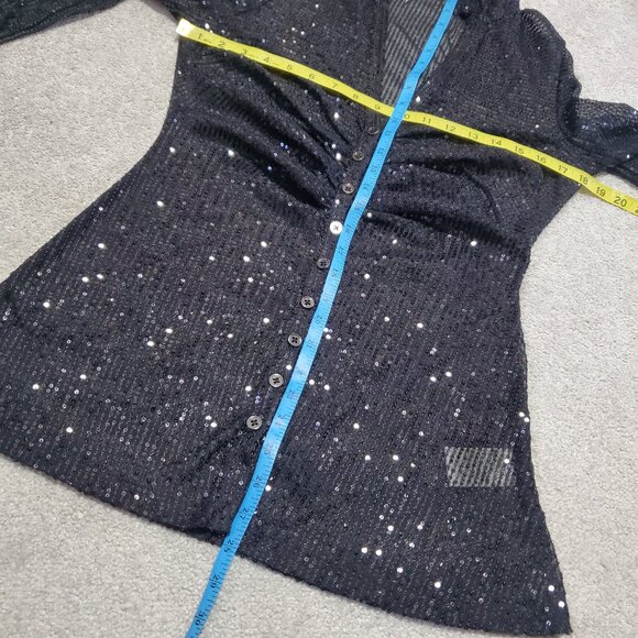 FREE PEOPLE Sequin Shirtee Button Up Blouse Top Ruched Sheer Black Women's Large - Picture 12 of 12